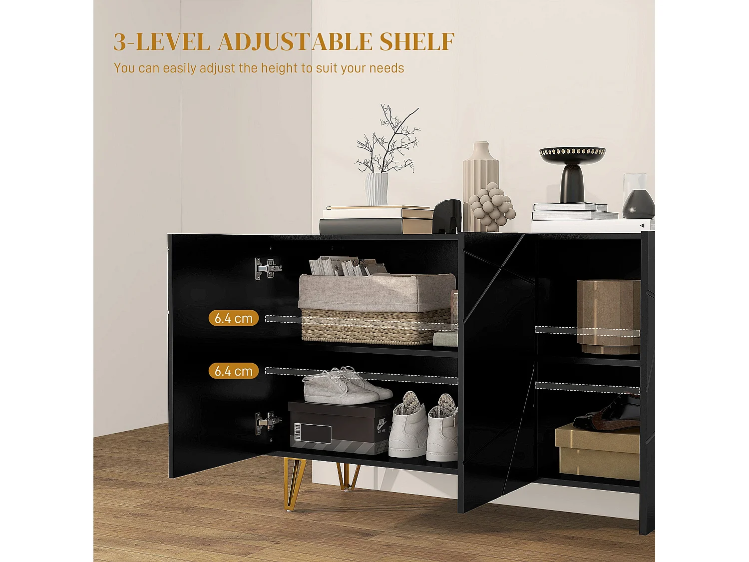 Fayosa High Gloss Black Sideboard with Gold Hairpin Legs