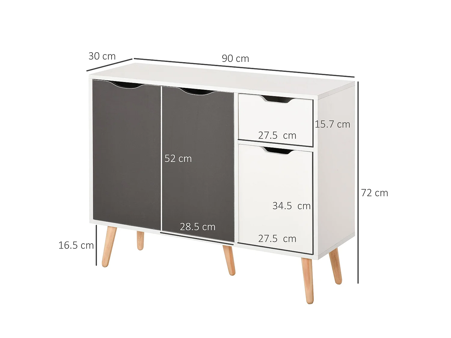 Domavi Grey Wooden Sideboard 2 Drawers 3 Doors Scandinavian Style