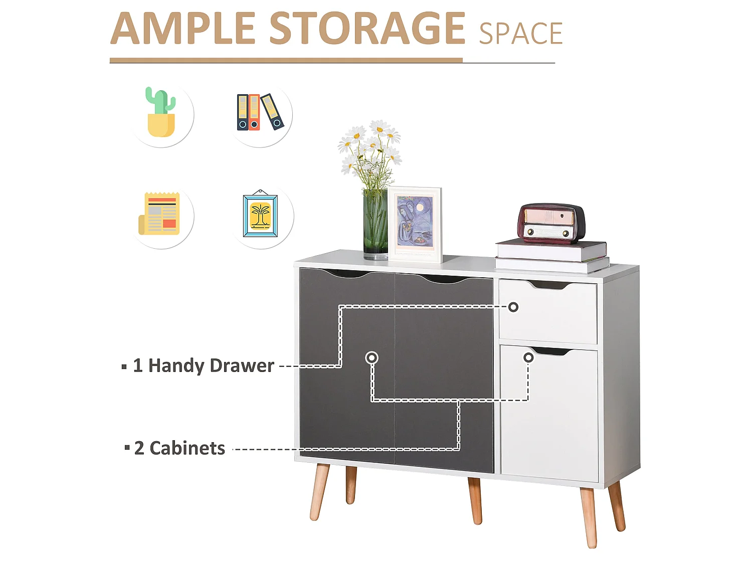Domavi Grey Wooden Sideboard 2 Drawers 3 Doors Scandinavian Style