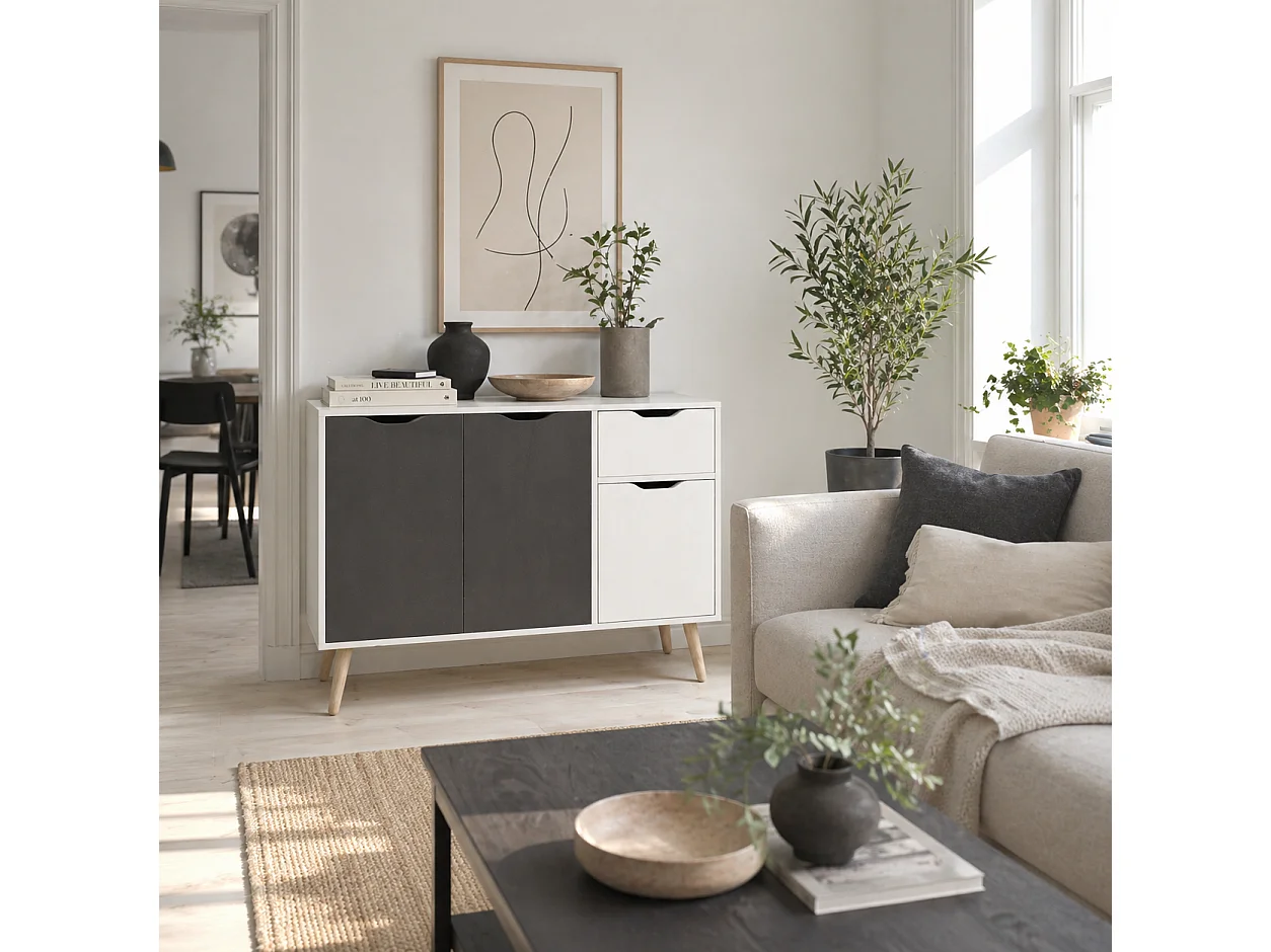Domavi Grey Wooden Sideboard 2 Drawers 3 Doors Scandinavian Style