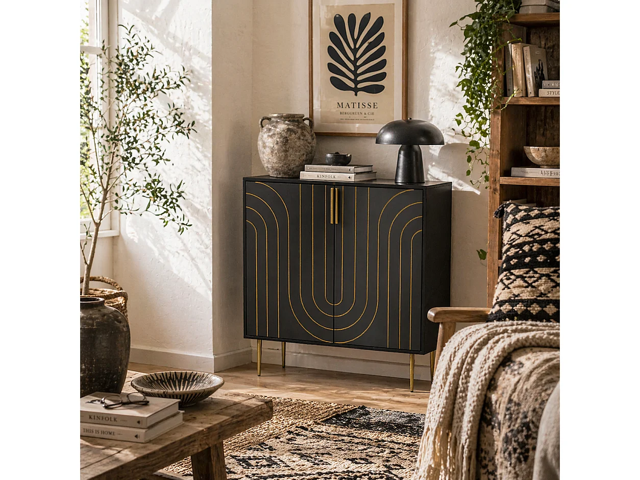 Mose Black and Gold Art Deco Sideboard 2 Doors