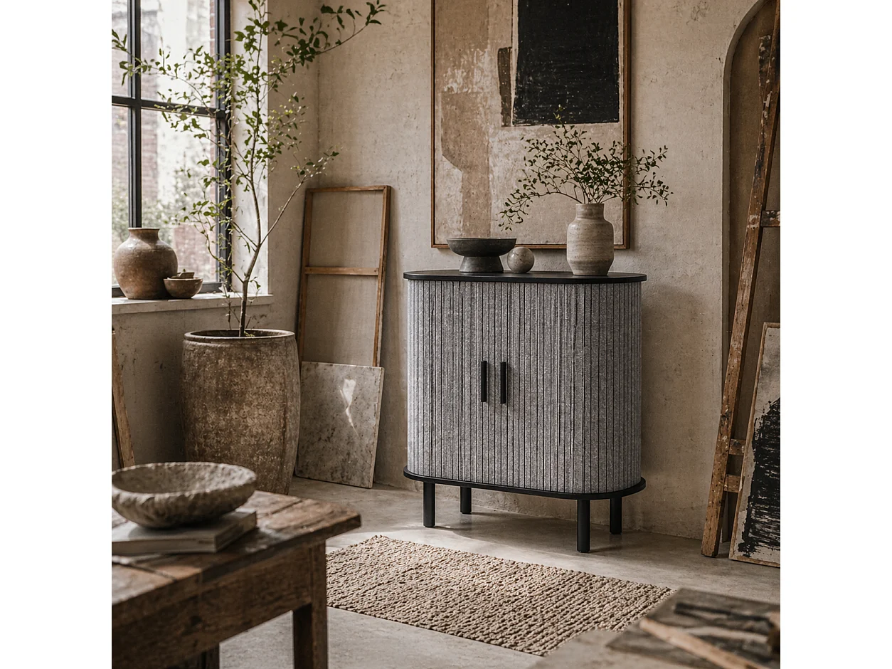 Rafa Vela Grey Tambour Sideboard Fluted Sliding Doors Wooden Legs