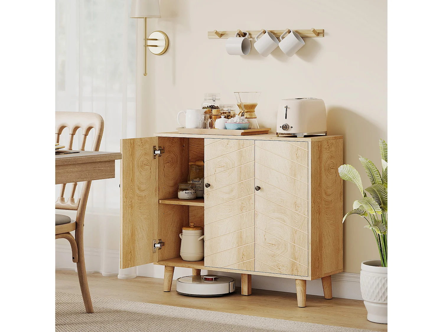 Lurodo Natural Wood Effect Sideboard with Chevron Doors 3 Door