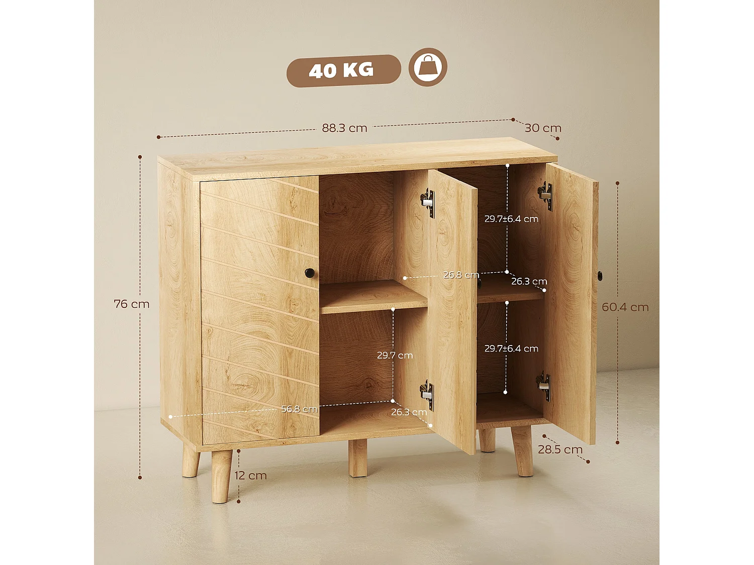 Lurodo Natural Wood Effect Sideboard with Chevron Doors 3 Door
