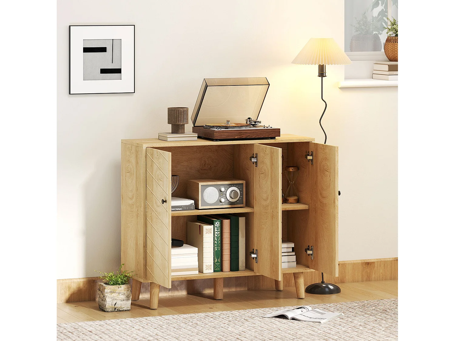 Lurodo Natural Wood Effect Sideboard with Chevron Doors 3 Door