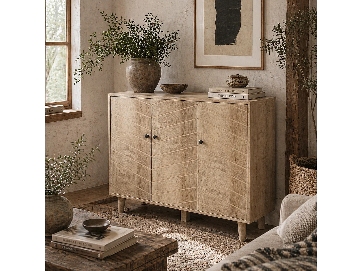 Lurodo Natural Wood Effect Sideboard with Chevron Doors 3 Door