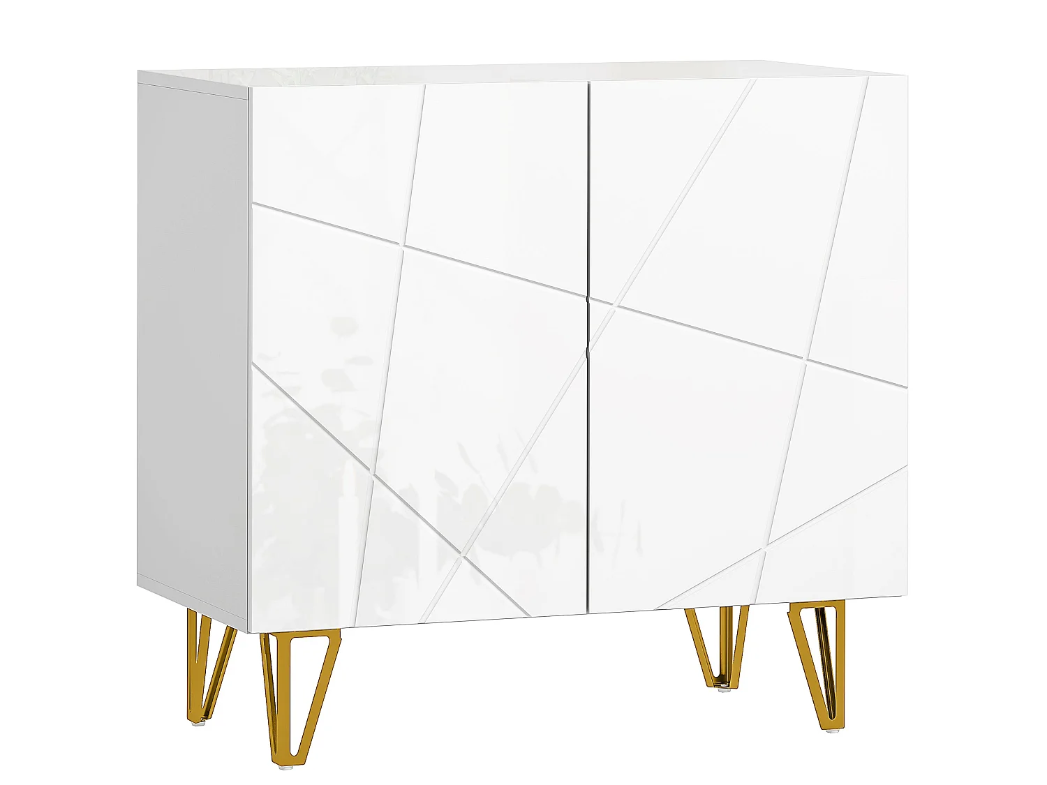 Diro High Gloss White Sideboard with Geometric Pattern and Gold Hairpin Legs
