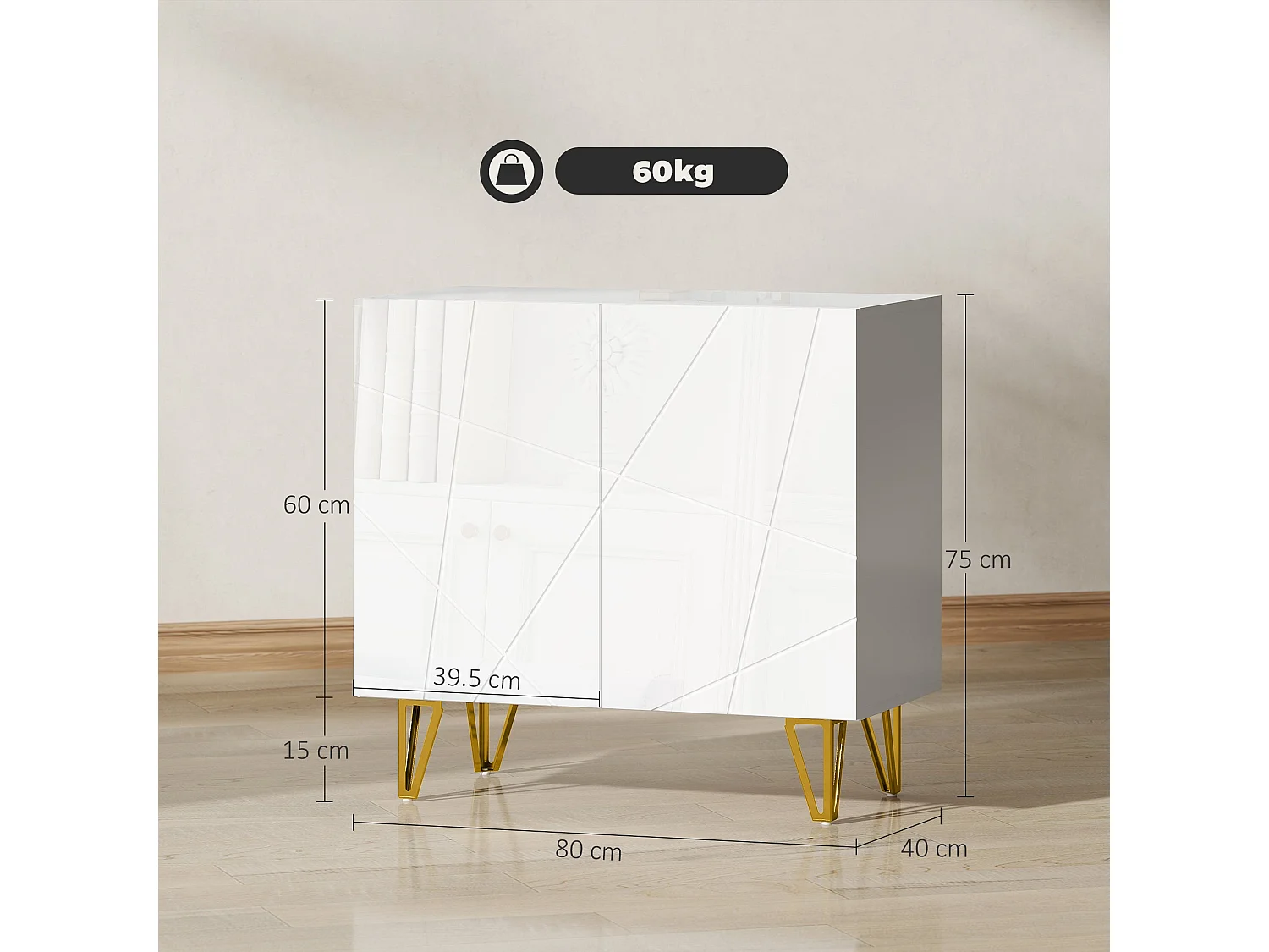 Diro High Gloss White Sideboard with Geometric Pattern and Gold Hairpin Legs