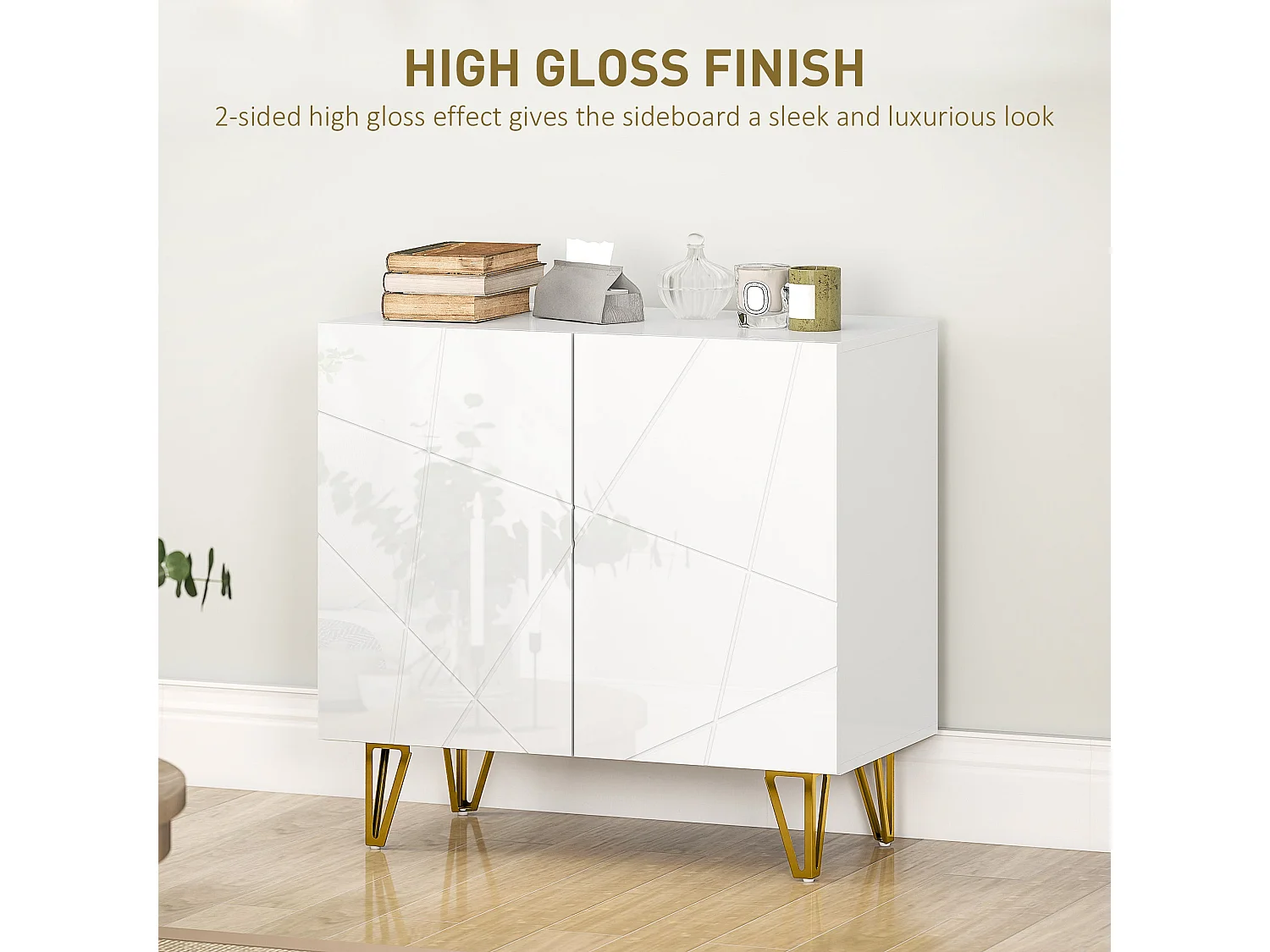 Diro High Gloss White Sideboard with Geometric Pattern and Gold Hairpin Legs