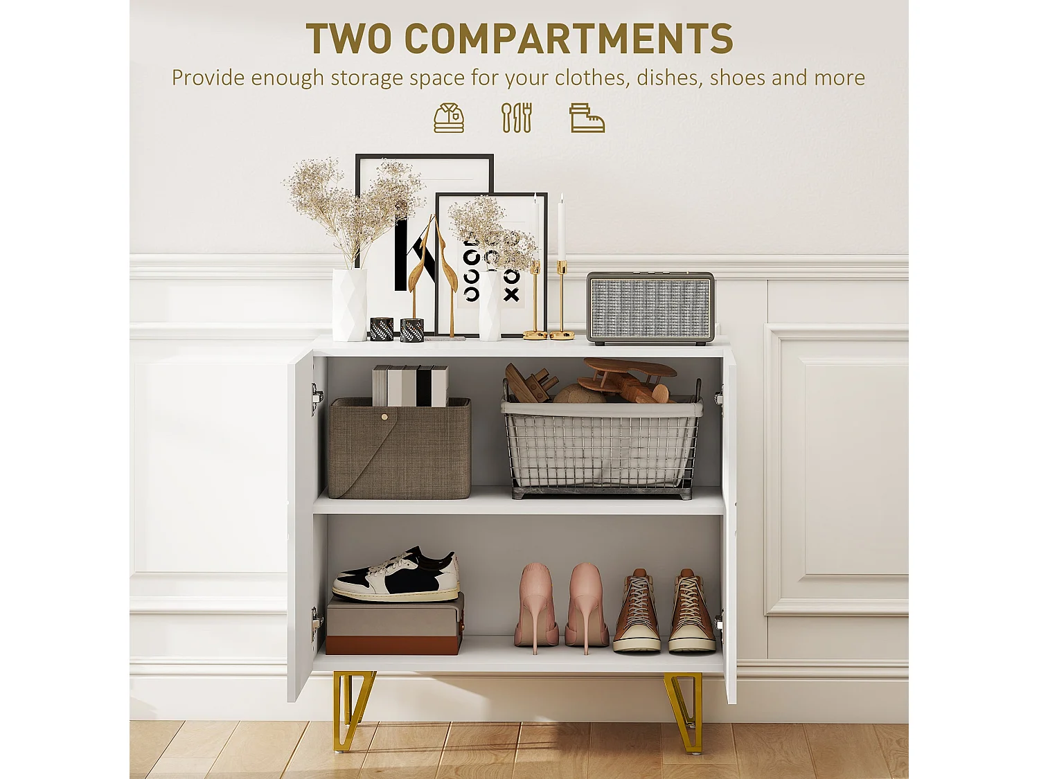 Diro High Gloss White Sideboard with Geometric Pattern and Gold Hairpin Legs