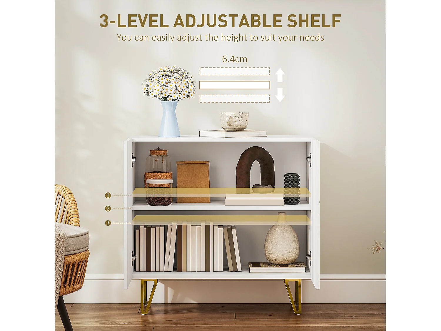 Diro High Gloss White Sideboard with Geometric Pattern and Gold Hairpin Legs