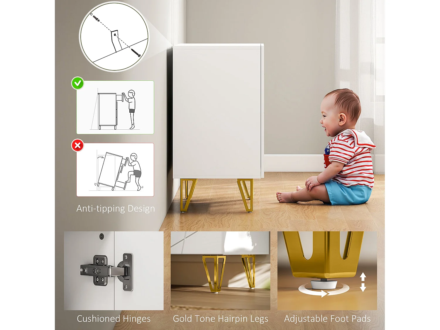Diro High Gloss White Sideboard with Geometric Pattern and Gold Hairpin Legs