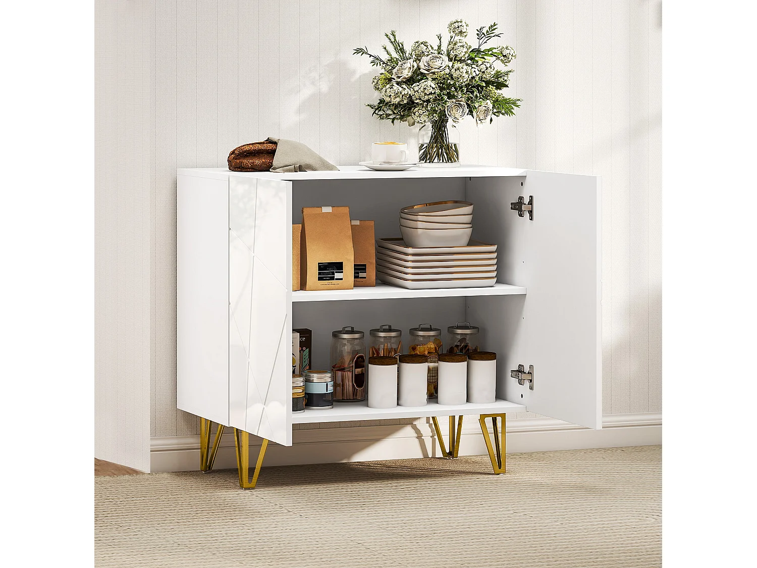 Diro High Gloss White Sideboard with Geometric Pattern and Gold Hairpin Legs