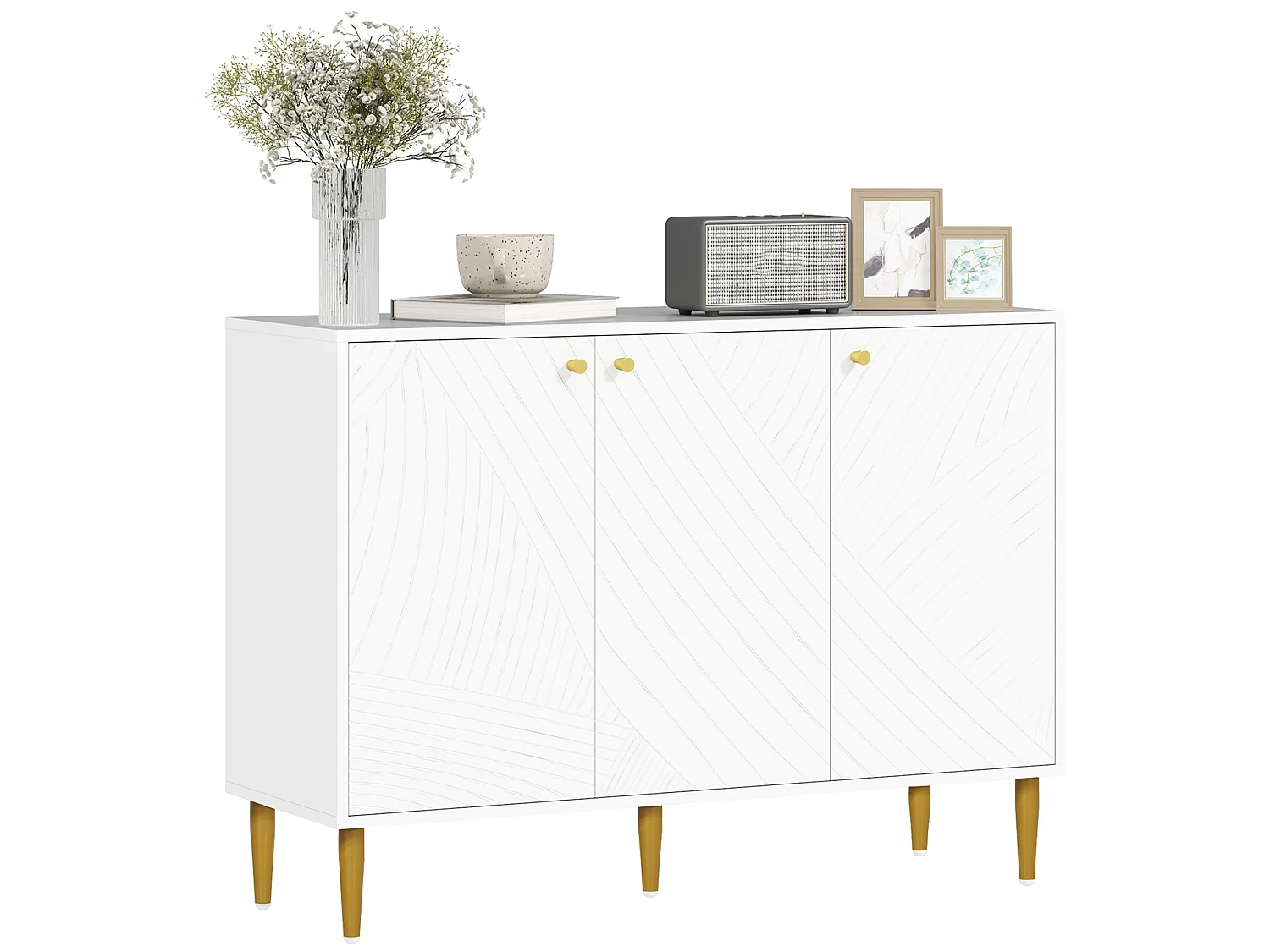 Rasuno Ledi White and Gold Tone 2 Cupboard Sideboard with Scandi Line Pattern