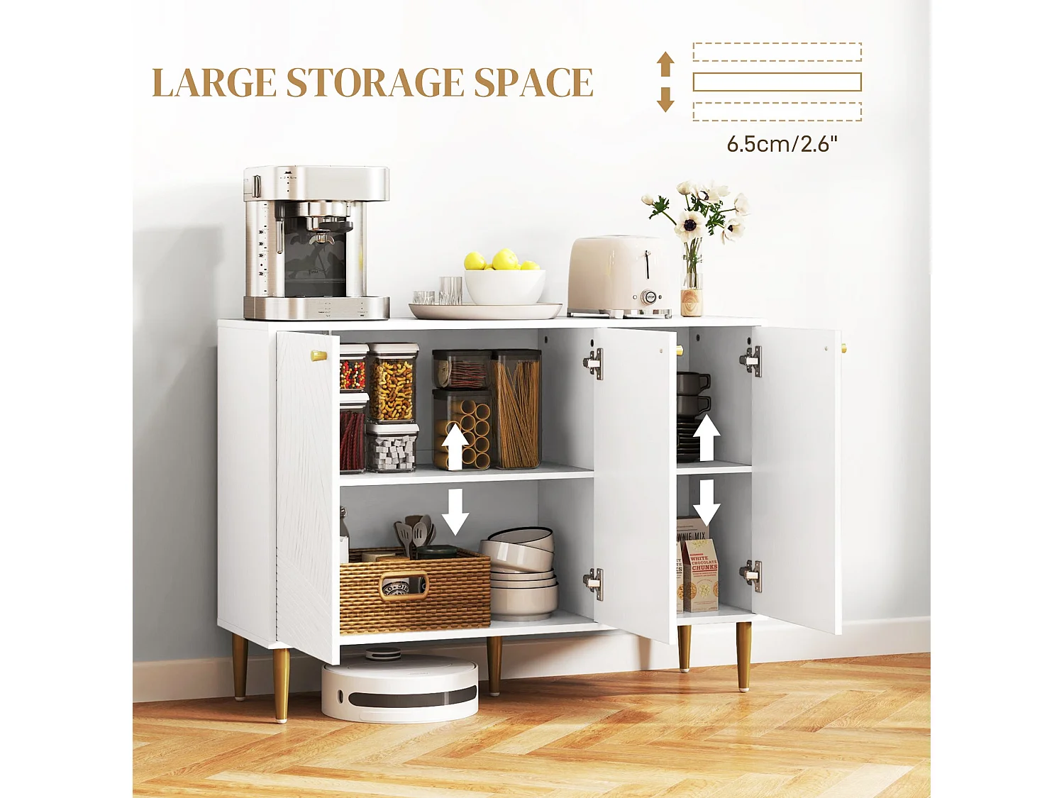 Rasuno Ledi White and Gold Tone 2 Cupboard Sideboard with Scandi Line Pattern