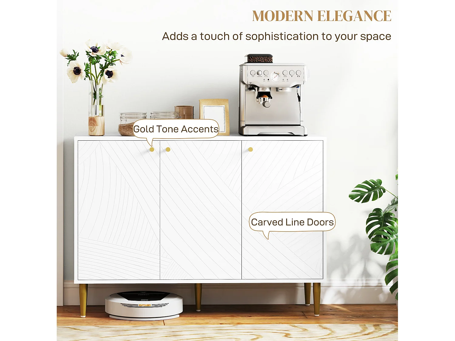 Rasuno Ledi White and Gold Tone 2 Cupboard Sideboard with Scandi Line Pattern