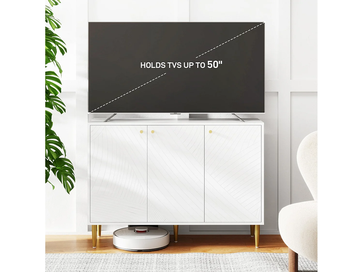 Rasuno Ledi White and Gold Tone 2 Cupboard Sideboard with Scandi Line Pattern