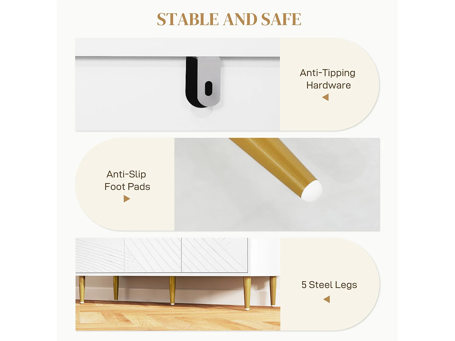 Rasuno Ledi White and Gold Tone 2 Cupboard Sideboard with Scandi Line Pattern