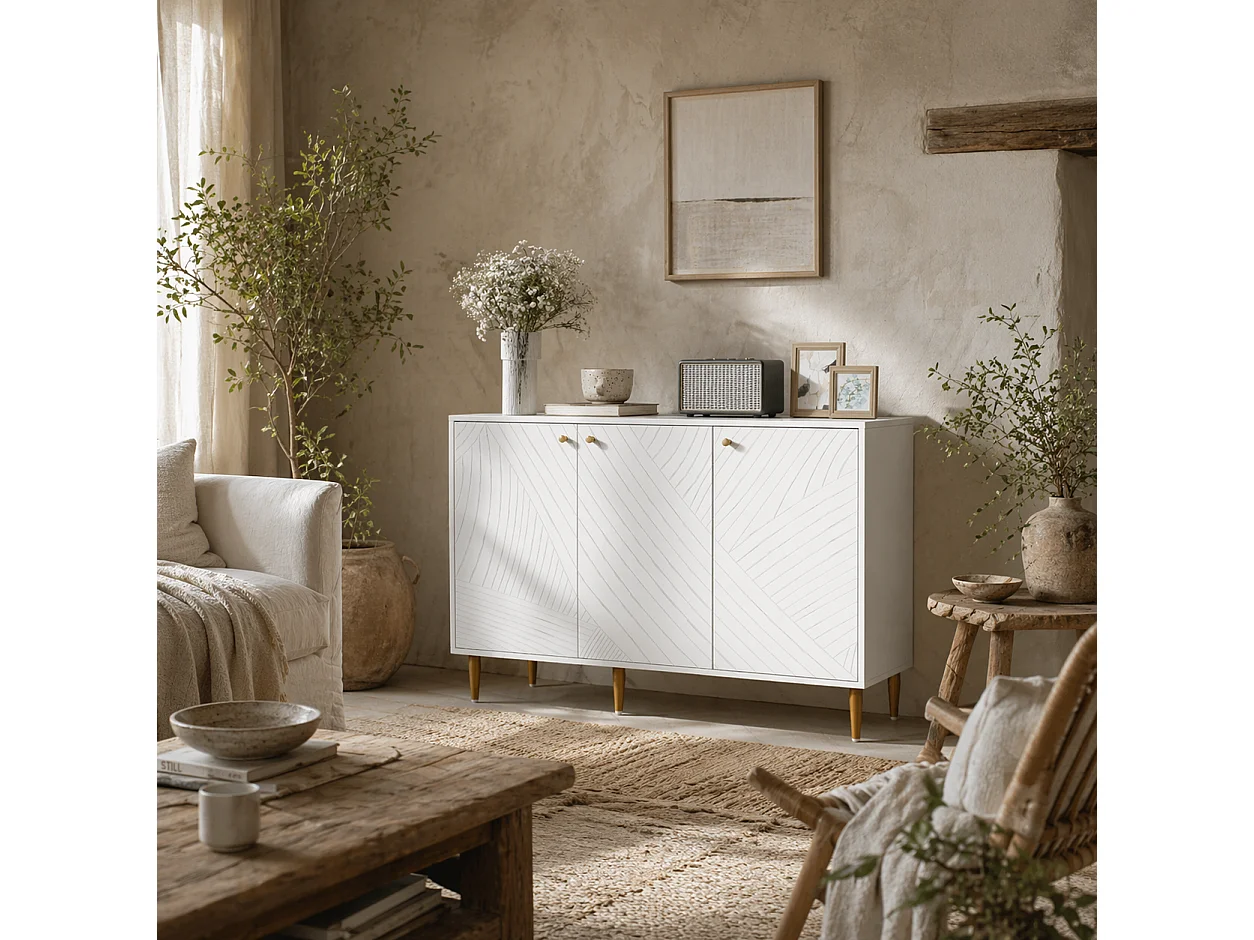 Rasuno Ledi White and Gold Tone 2 Cupboard Sideboard with Scandi Line Pattern