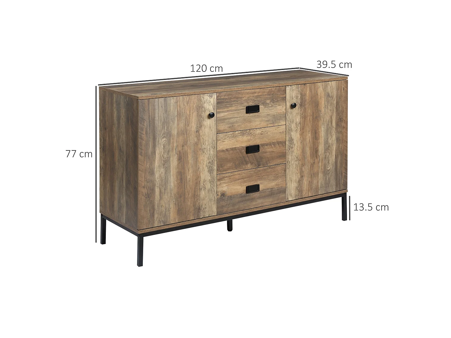 Mango Wood Effect Sideboard 3 Drawers 2 Doors 120 x 39.5 x 77cm
