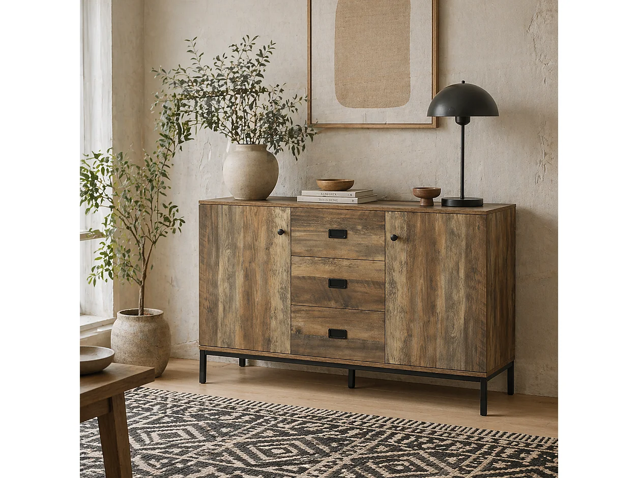 Mango Wood Effect Sideboard 3 Drawers 2 Doors 120 x 39.5 x 77cm