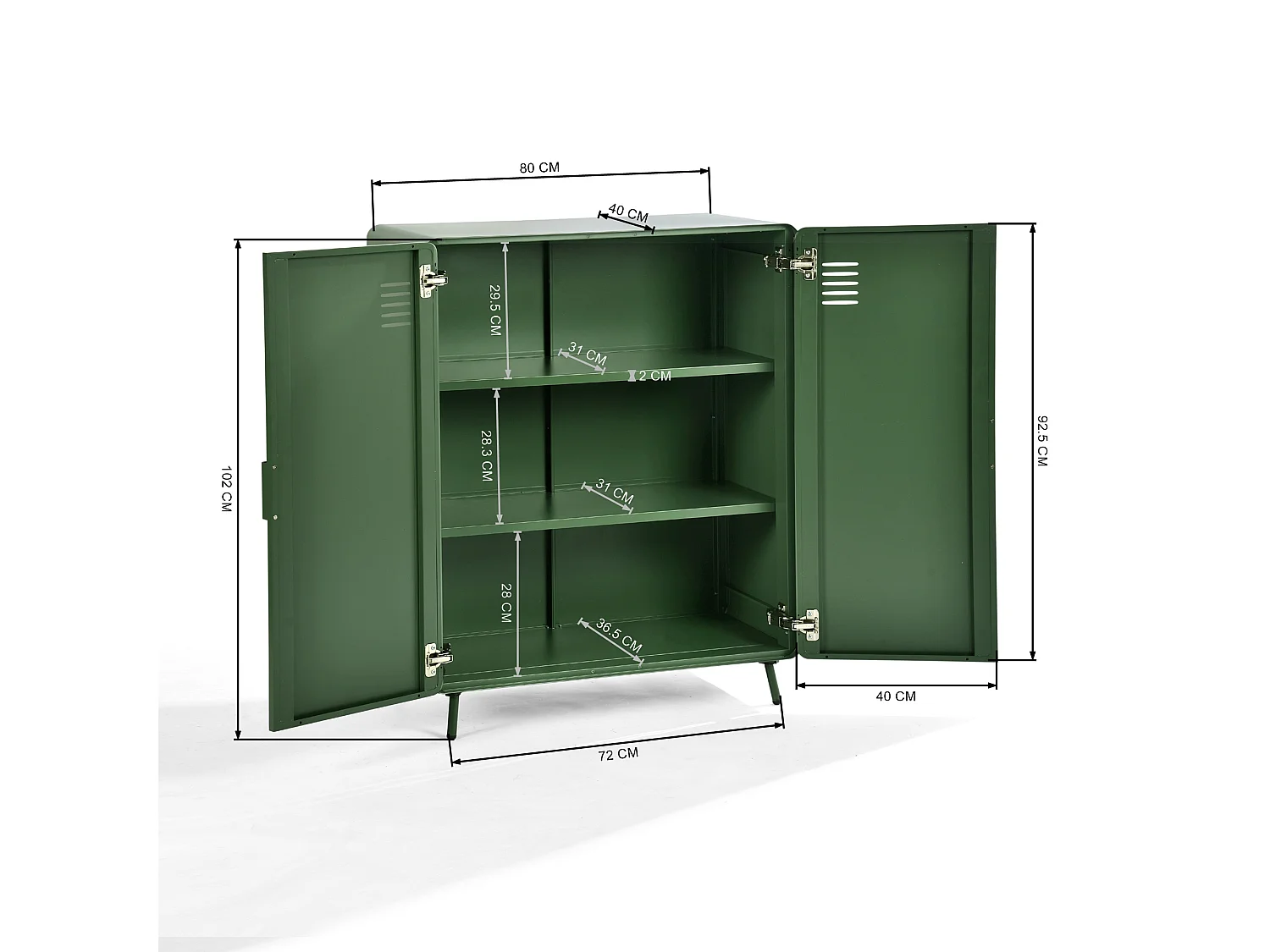WALNUT - Armoire métallique industrielle 2 portes avec 3 niveaux de rangement en vert