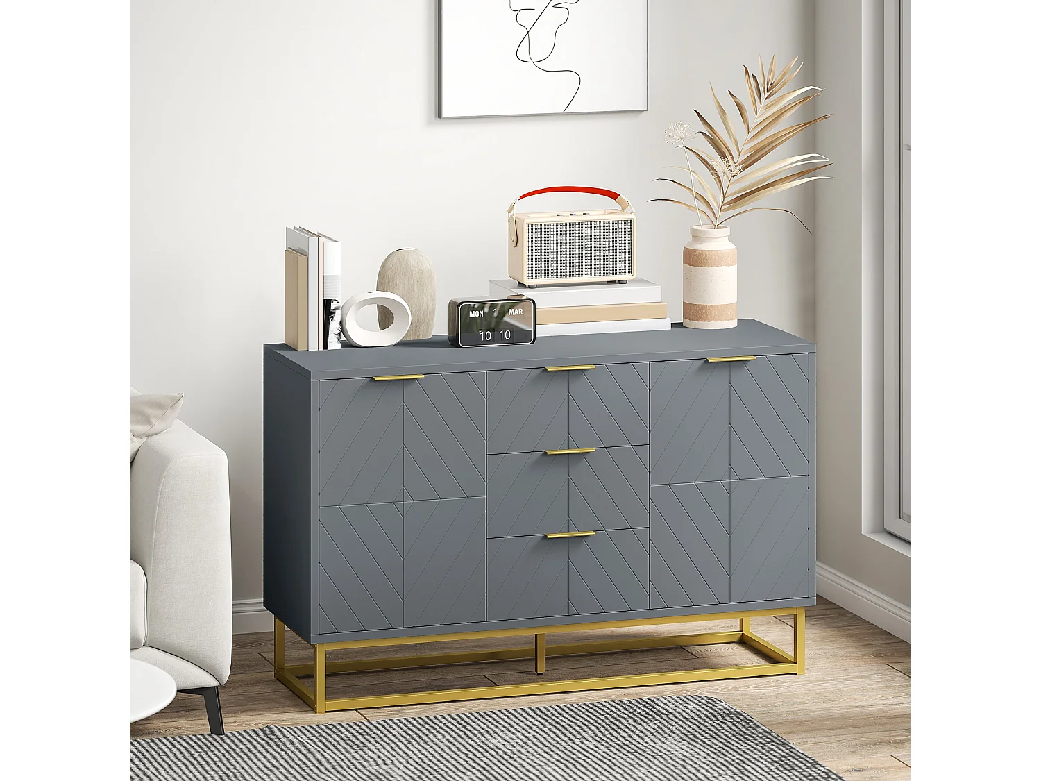 Veli Grey Sideboard 3 Drawers 2 Doors Gold Tone Base