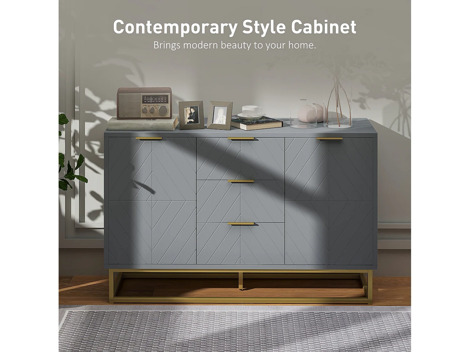 Veli Grey Sideboard 3 Drawers 2 Doors Gold Tone Base