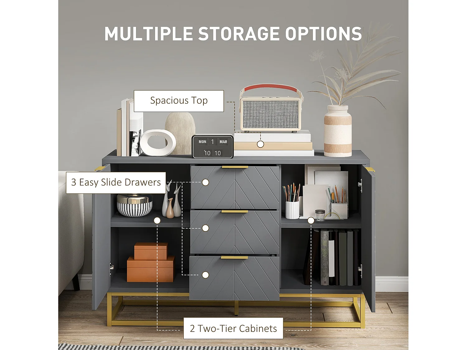 Veli Grey Sideboard 3 Drawers 2 Doors Gold Tone Base