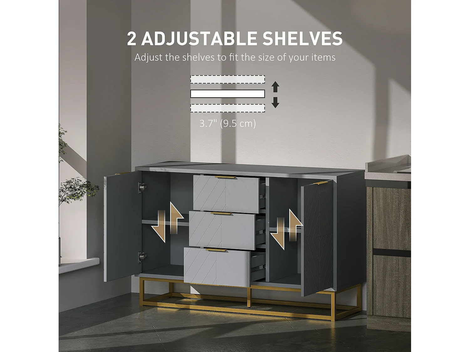 Veli Grey Sideboard 3 Drawers 2 Doors Gold Tone Base