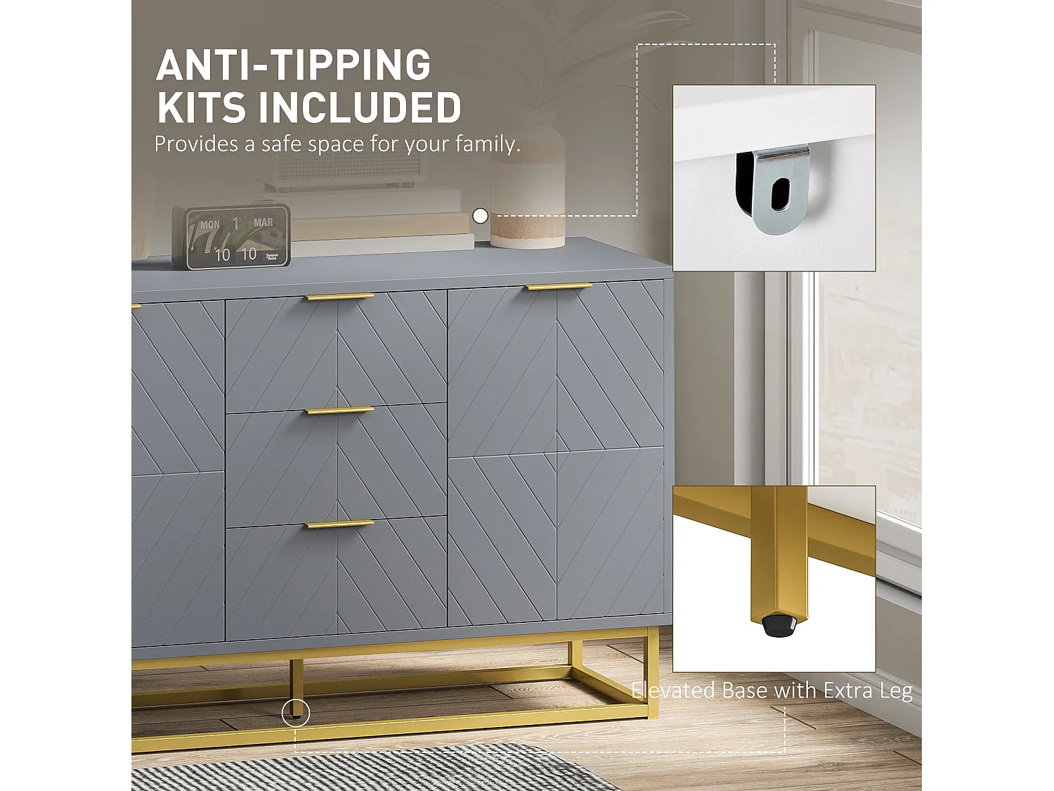 Veli Grey Sideboard 3 Drawers 2 Doors Gold Tone Base