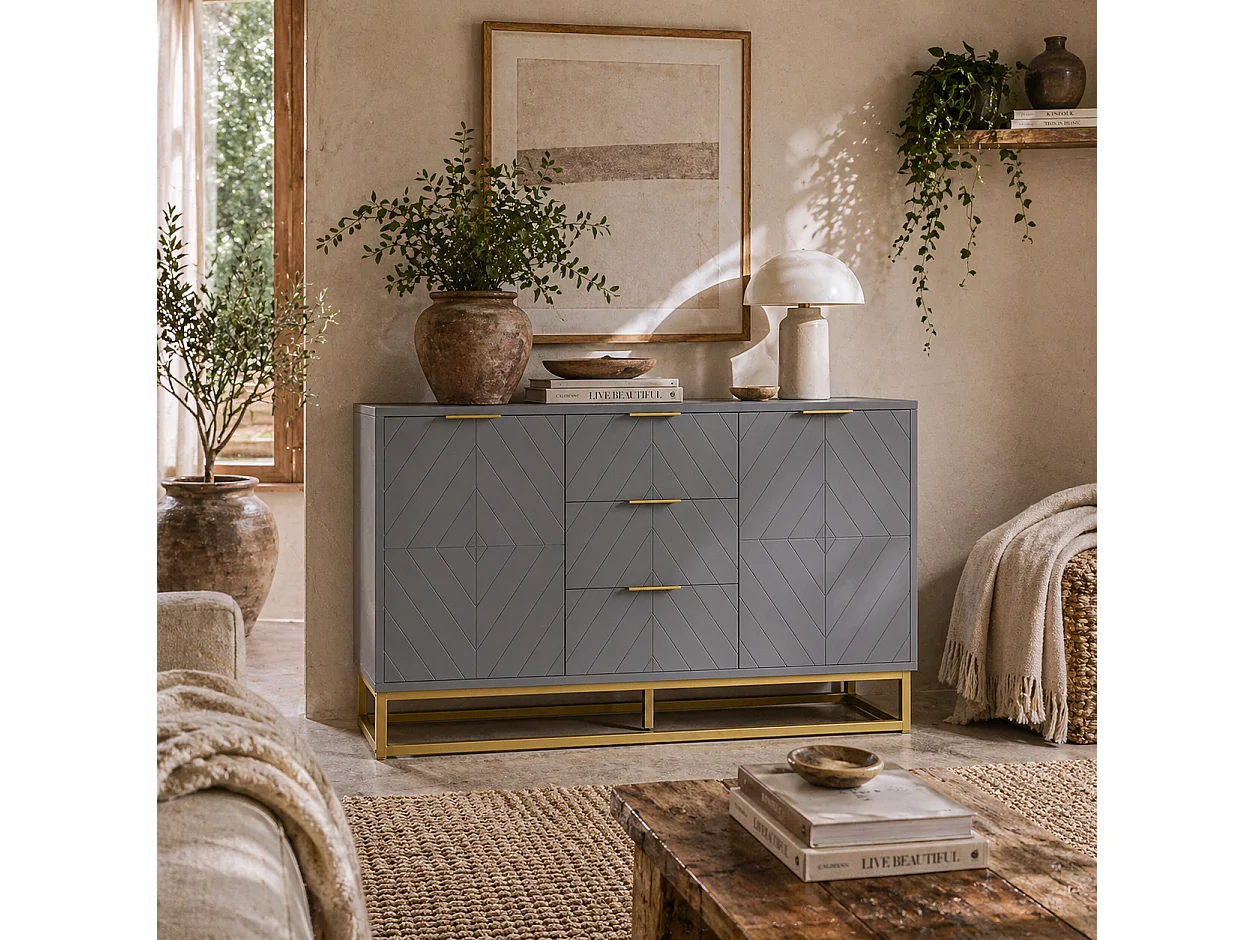 Veli Grey Sideboard 3 Drawers 2 Doors Gold Tone Base