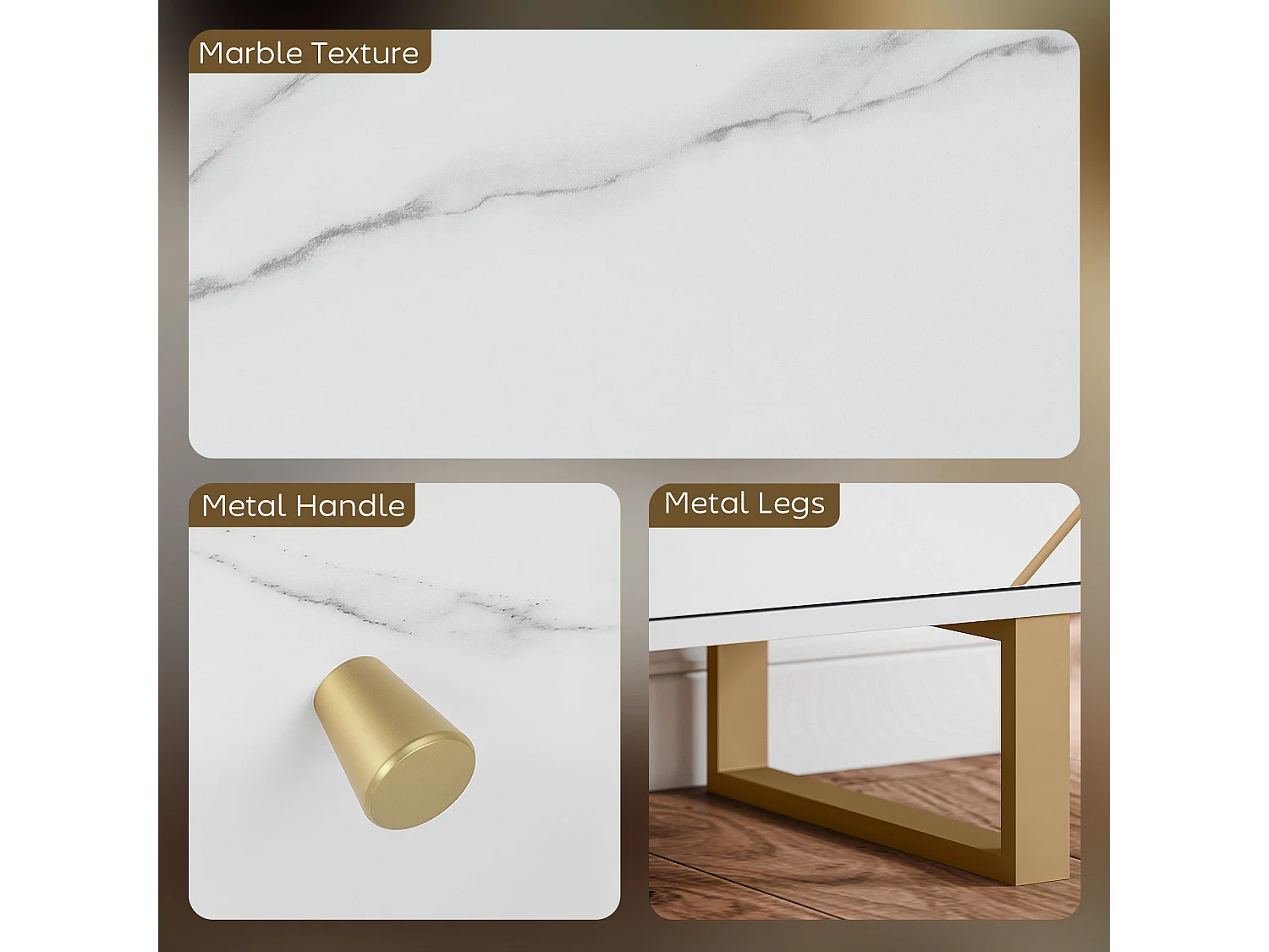 Vekeba Coso 107cm White Marble Effect Sideboard with Gold Legs and 3 Doors