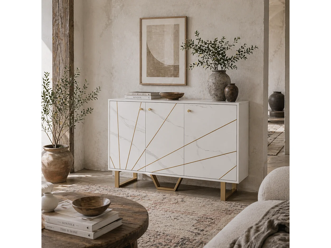 Vekeba Coso 107cm White Marble Effect Sideboard with Gold Legs and 3 Doors
