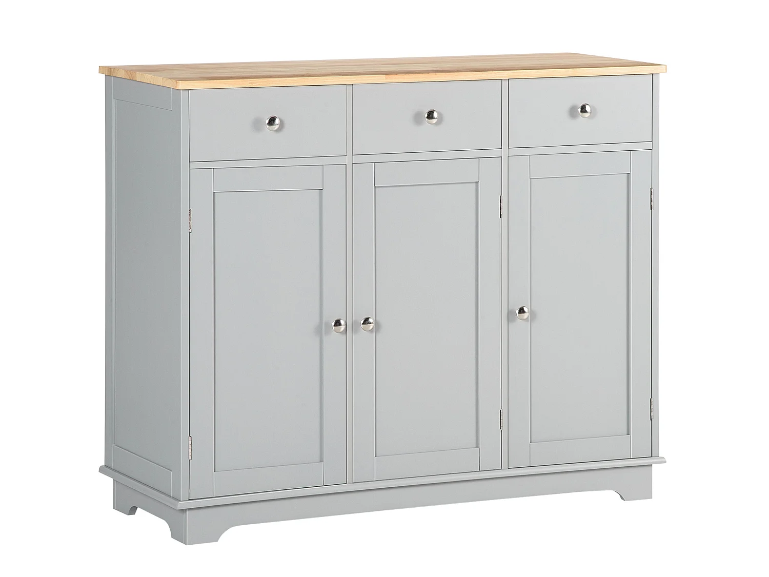 Totoro Grey Sideboard with Natural Rubberwood Top 3 Doors 3 Drawers 3 Shelves