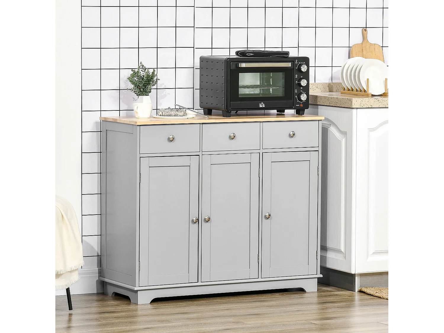Totoro Grey Sideboard with Natural Rubberwood Top 3 Doors 3 Drawers 3 Shelves