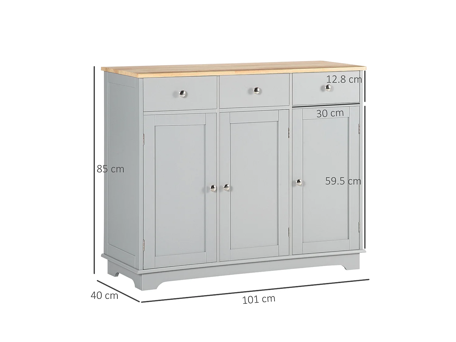 Totoro Grey Sideboard with Natural Rubberwood Top 3 Doors 3 Drawers 3 Shelves