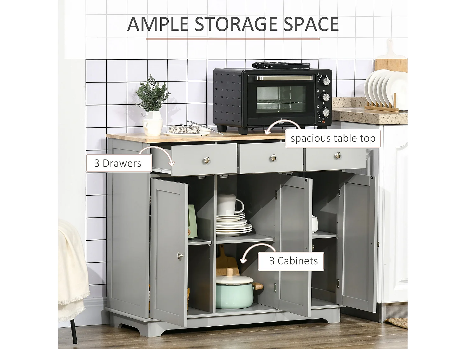 Totoro Grey Sideboard with Natural Rubberwood Top 3 Doors 3 Drawers 3 Shelves