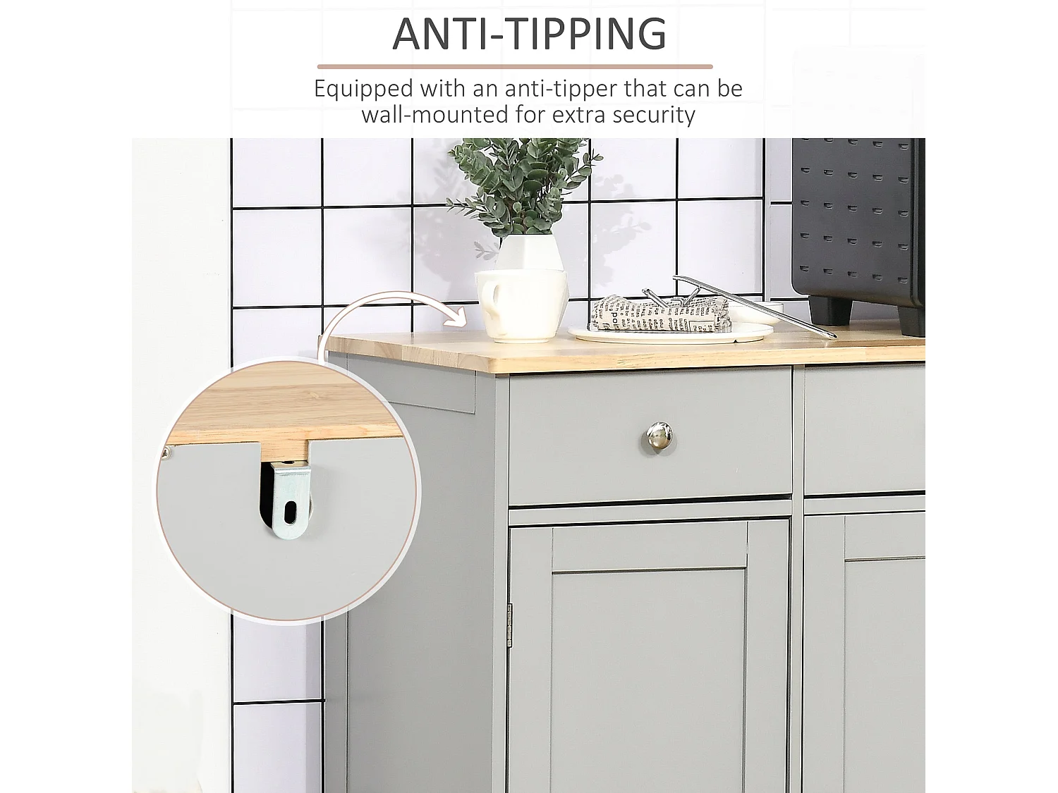 Totoro Grey Sideboard with Natural Rubberwood Top 3 Doors 3 Drawers 3 Shelves