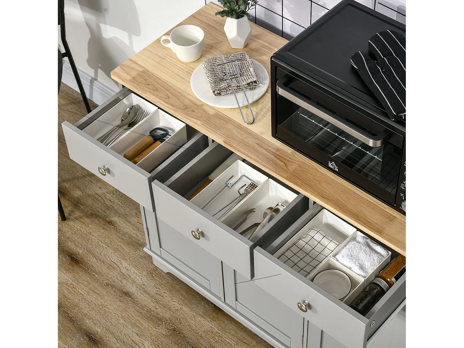Totoro Grey Sideboard with Natural Rubberwood Top 3 Doors 3 Drawers 3 Shelves