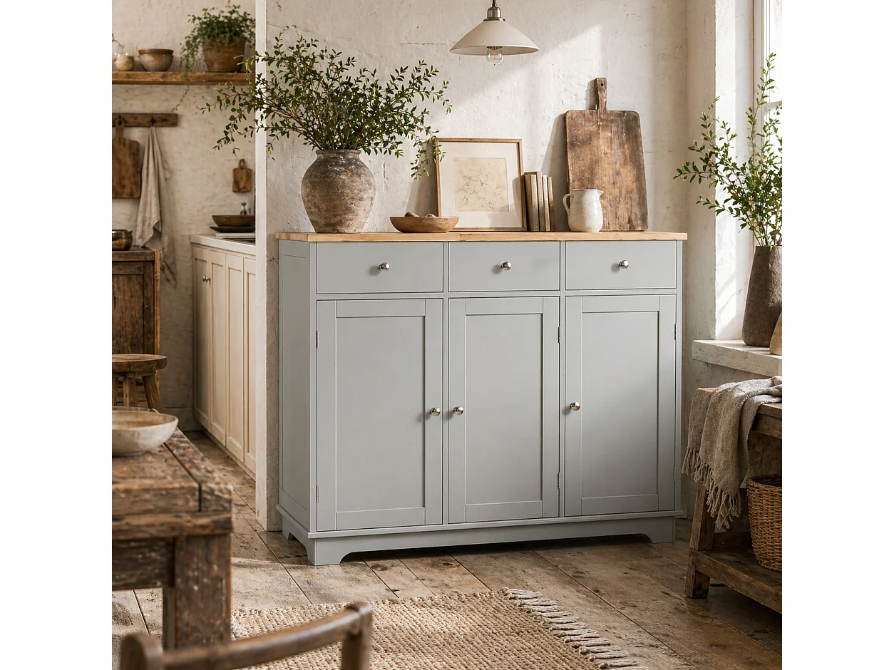 Totoro Grey Sideboard with Natural Rubberwood Top 3 Doors 3 Drawers 3 Shelves