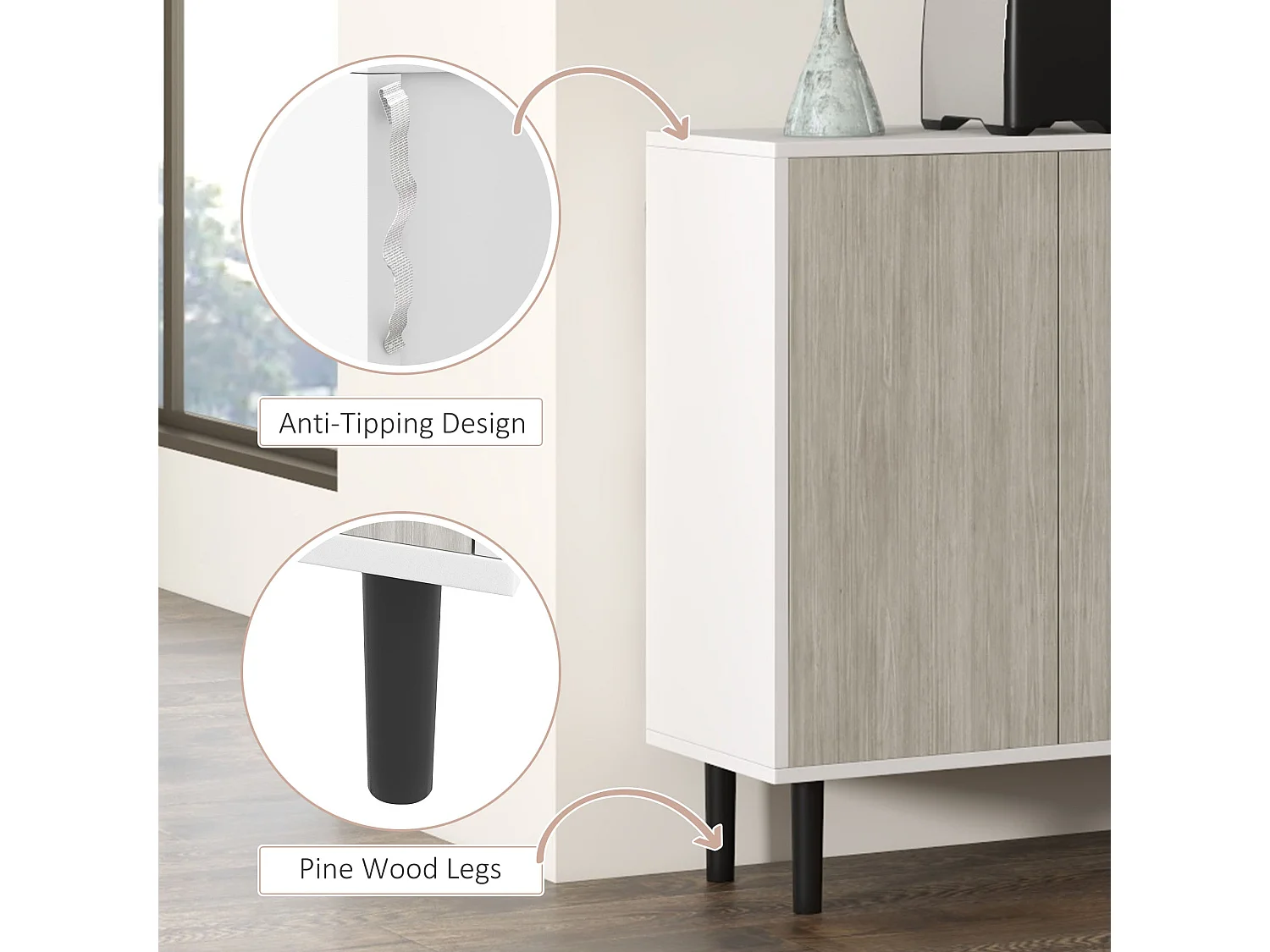 Sosule Sideboard 4 Doors 2 Shelves White Grey Black