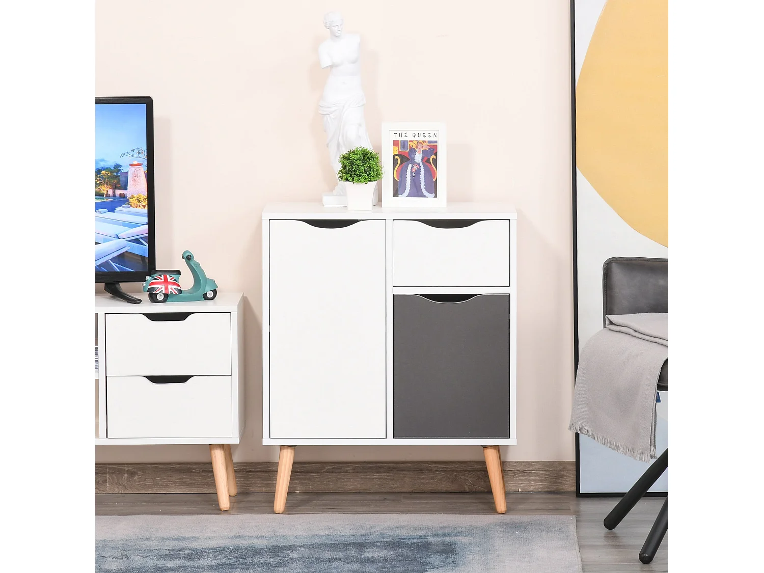 Suyopa Grey and White Sideboard 1 Drawer 2 Doors Solid Wood Legs