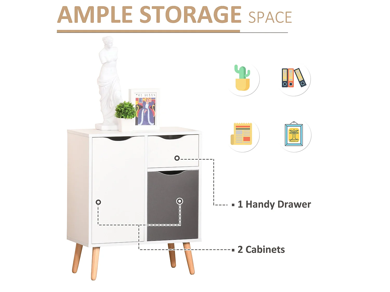 Suyopa Grey and White Sideboard 1 Drawer 2 Doors Solid Wood Legs
