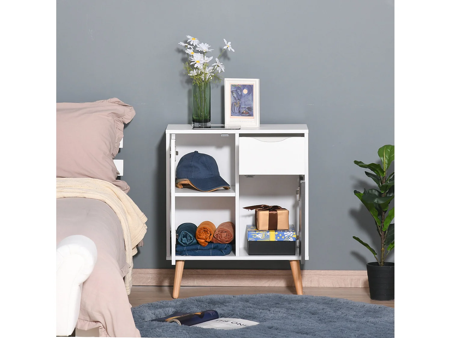 Suyopa Grey and White Sideboard 1 Drawer 2 Doors Solid Wood Legs