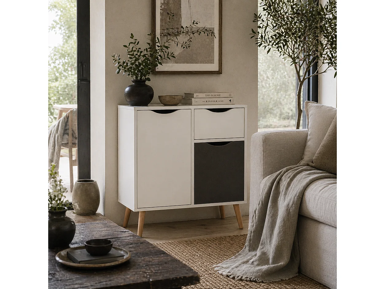 Suyopa Grey and White Sideboard 1 Drawer 2 Doors Solid Wood Legs