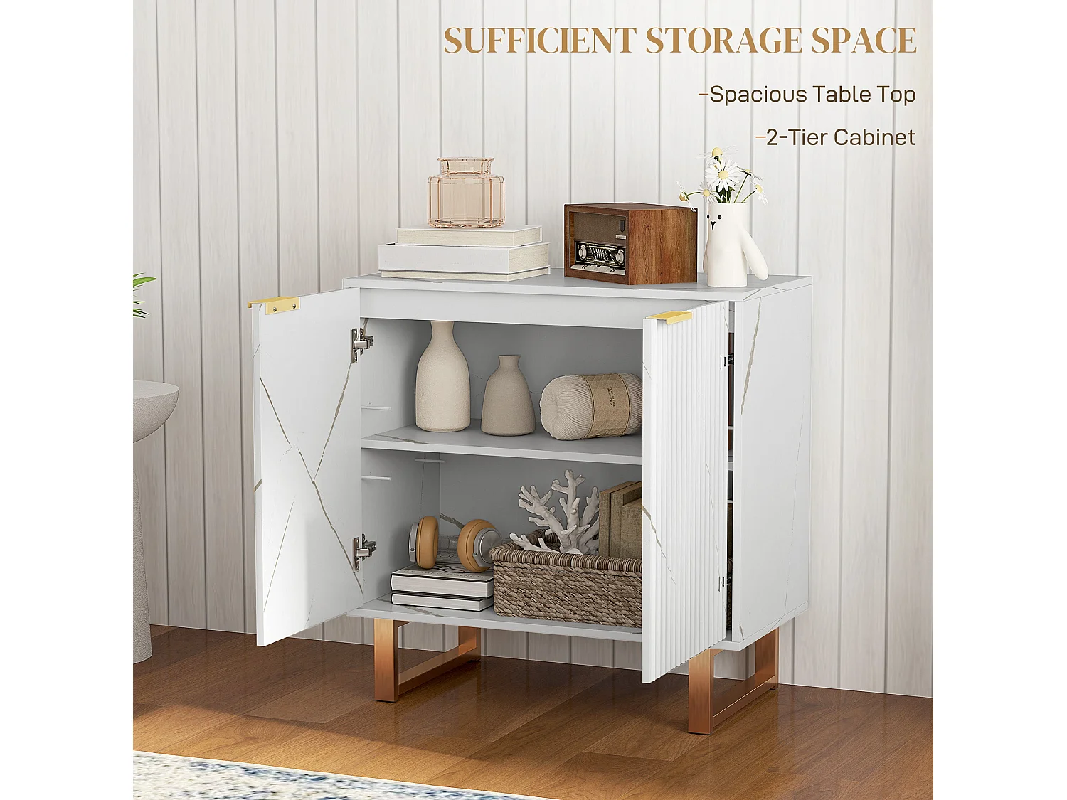 Redi Sora White and Gold Sideboard with Ribbed Front
