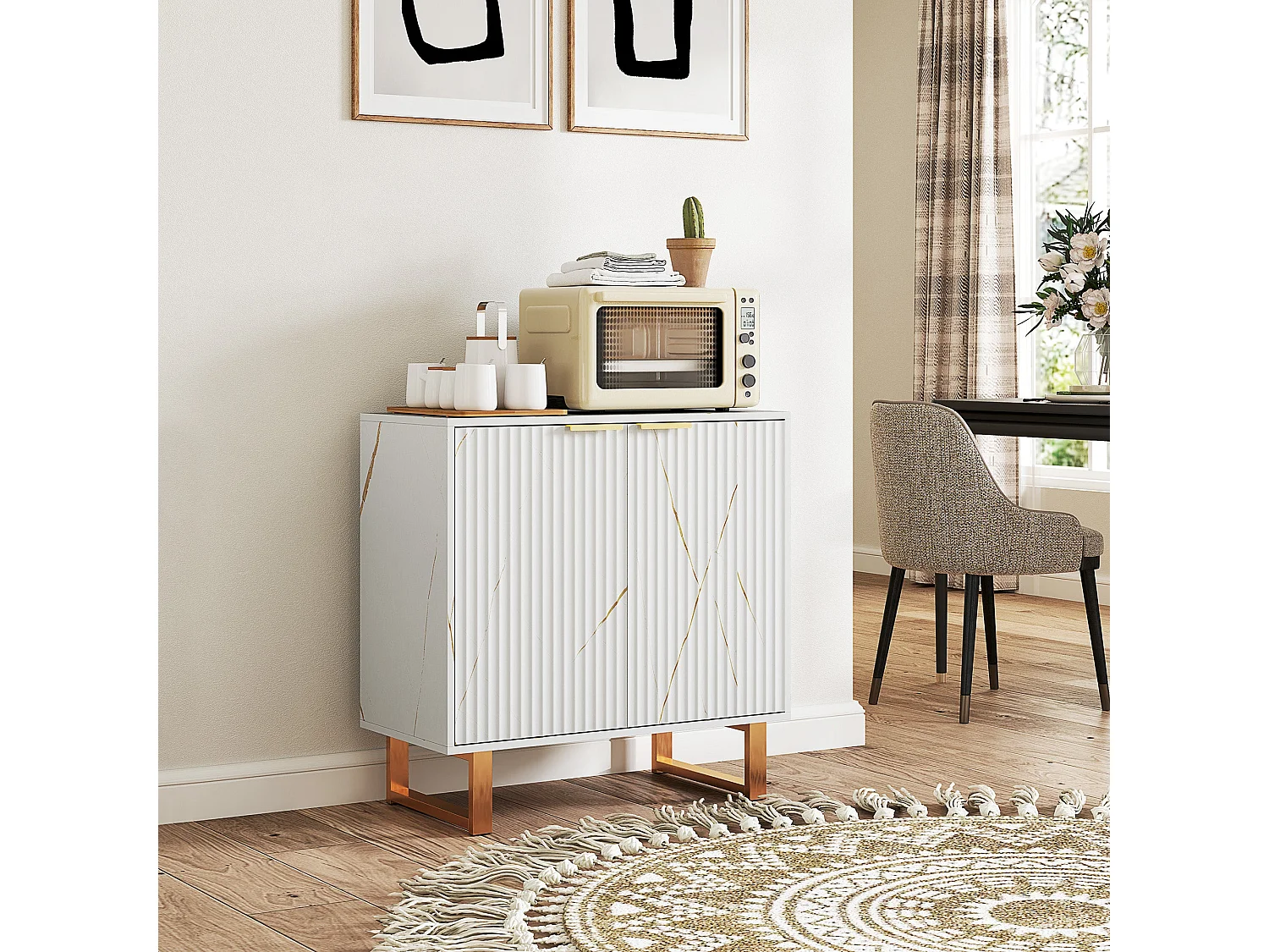 Redi Sora White and Gold Sideboard with Ribbed Front