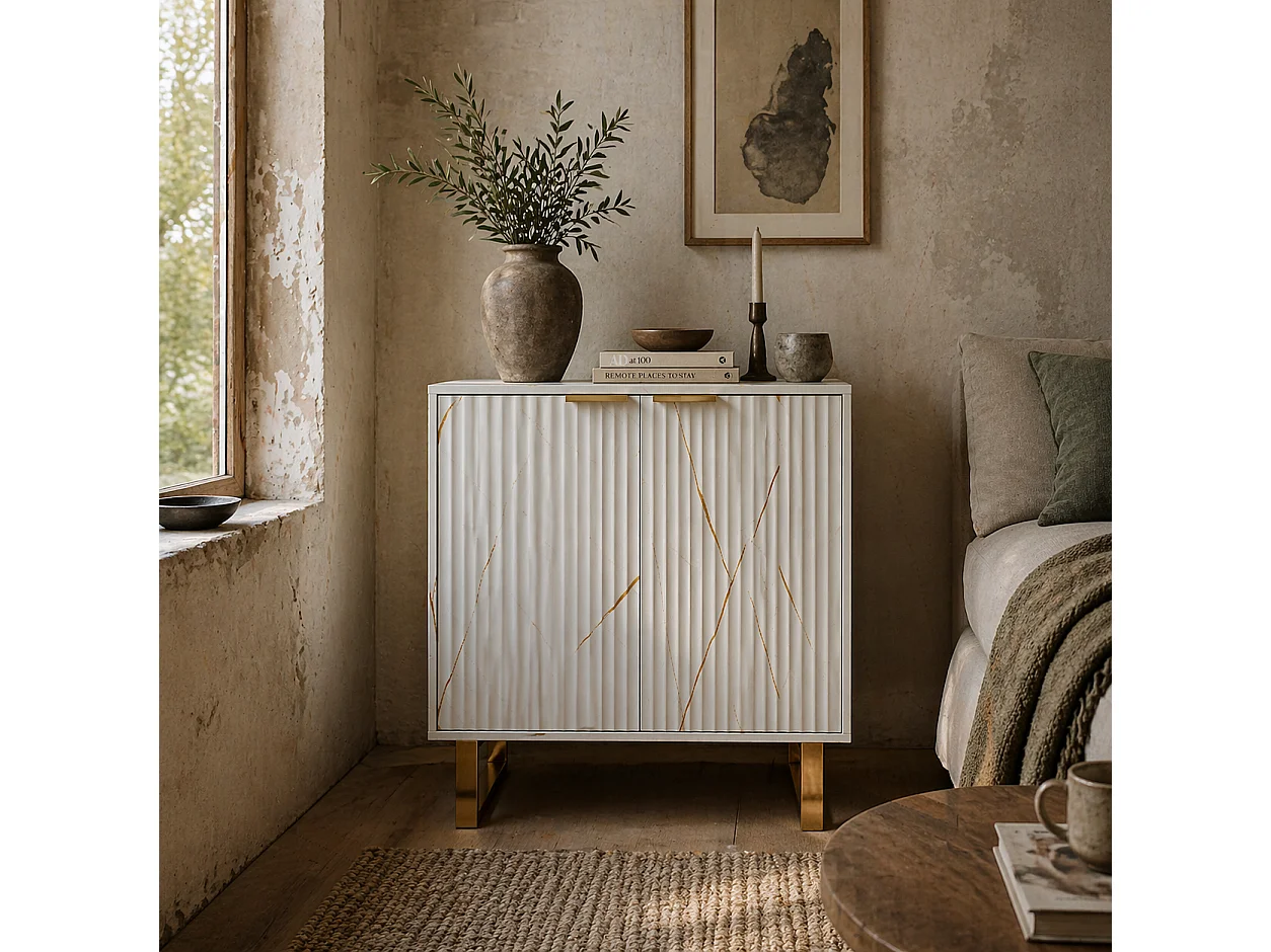 Redi Sora White and Gold Sideboard with Ribbed Front
