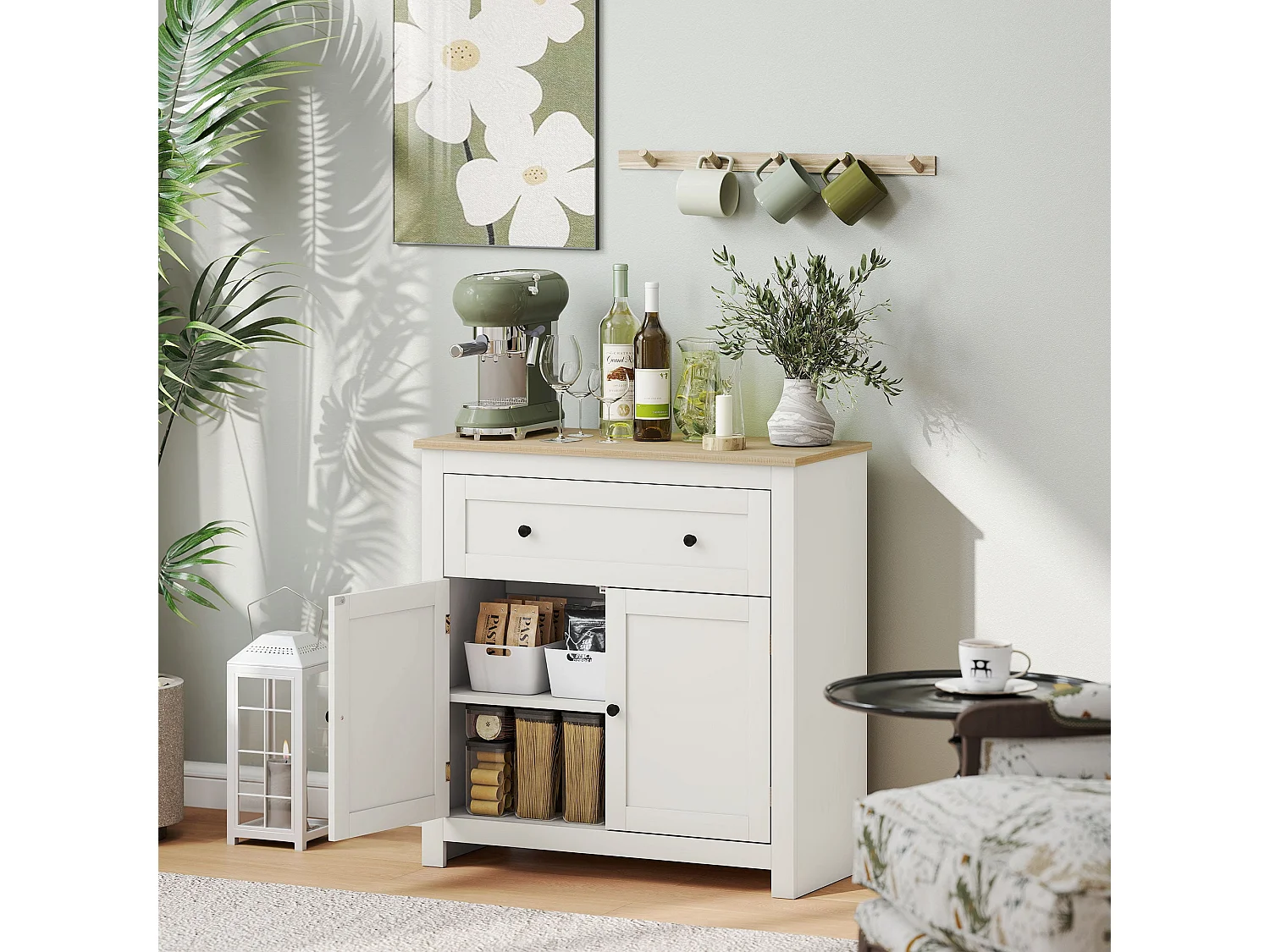 Viso Cream White Sideboard 2 Doors Drawer Adjustable Shelf Oak Accents